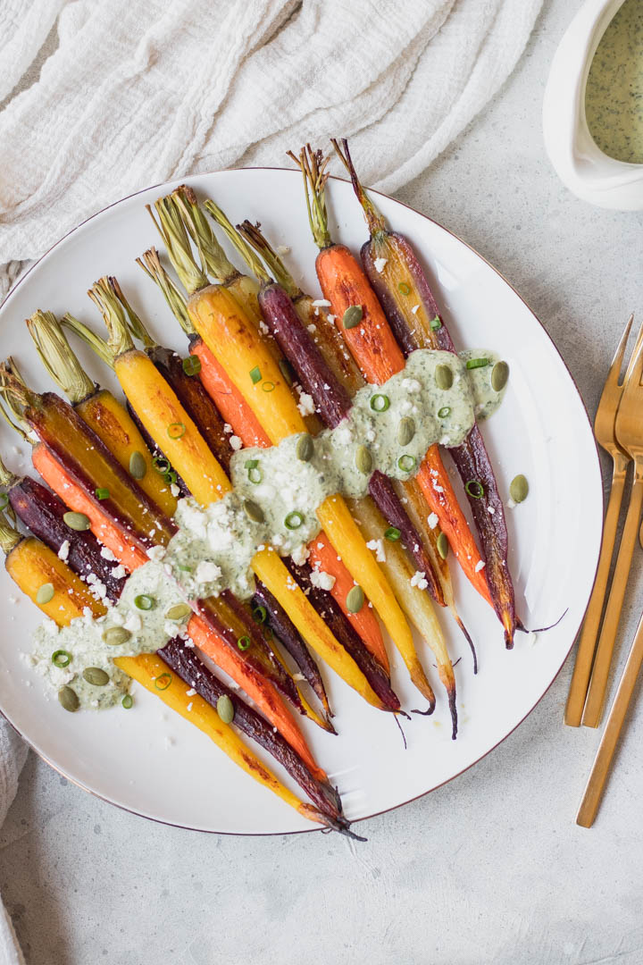 roasted carrots green goddess dressing Rainbow with Dressing, Feta, and Toasted Pumpkin Seeds flowing