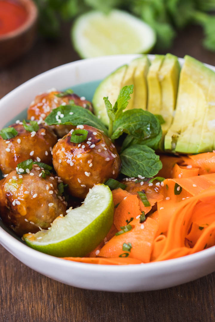 Honey Sriracha Turkey Meatballs with Carrot Salad - Danilicious